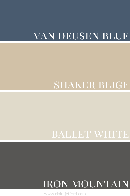 Van Deusen Blue, Shaker Beige, Ballet White, Iron Mountain 