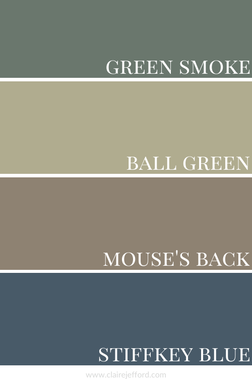 Farrow and Ball, Green Smoke Ball Green Mouses Back Stiffkey Blue