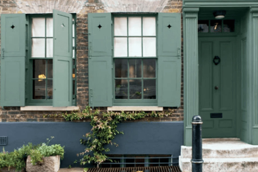 Farrow & Ball Green Smoke front door, entry, shutters