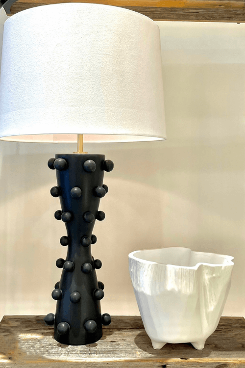 black textured lamp, white textured vase, modern lamp, modern vase
