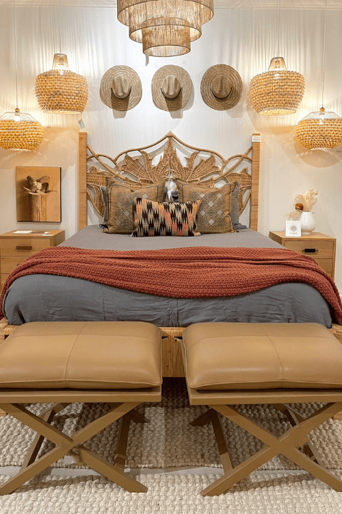 high point market, rattan headboard, wicker chanderlier, boho bedroom