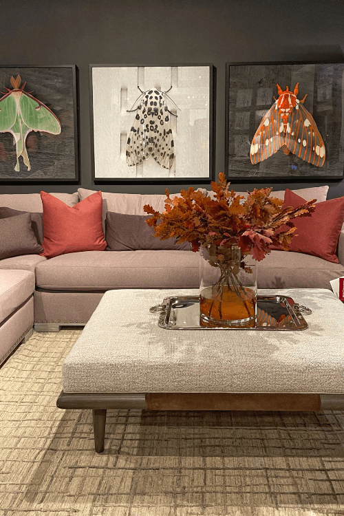 autumn inspired living room, red and brown pillows, bug art, insect art, fall colors, textured fabric coffee table, dusty rose sofa