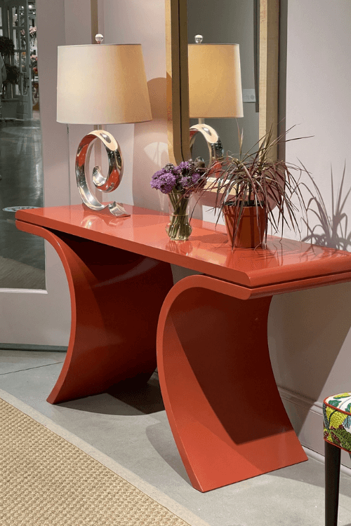 red hall table, red console table, salmon hallway table, gold mirrior