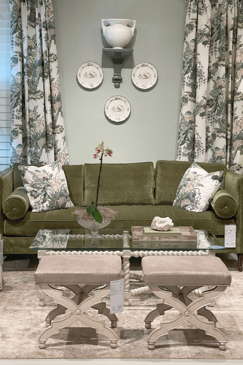 olive green sofa, sage green wall, custom drapery, dusty rose stools, 