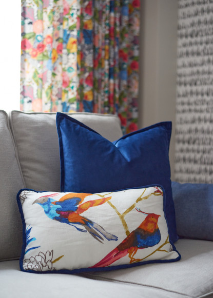 accent-pillows-bird-fabric-blue-velvet-custom-draperies-ripplefold