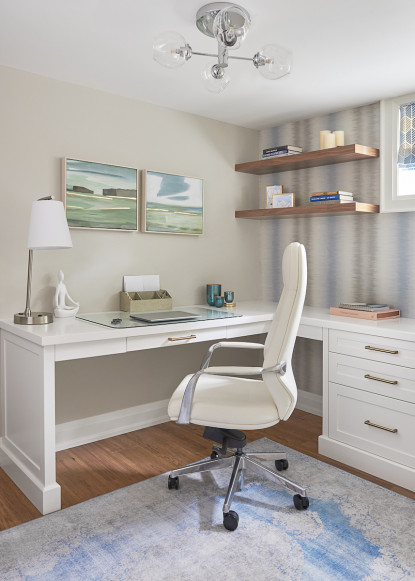 home-office-studio-white-corner-desk-brass-hardware-floating-shelves