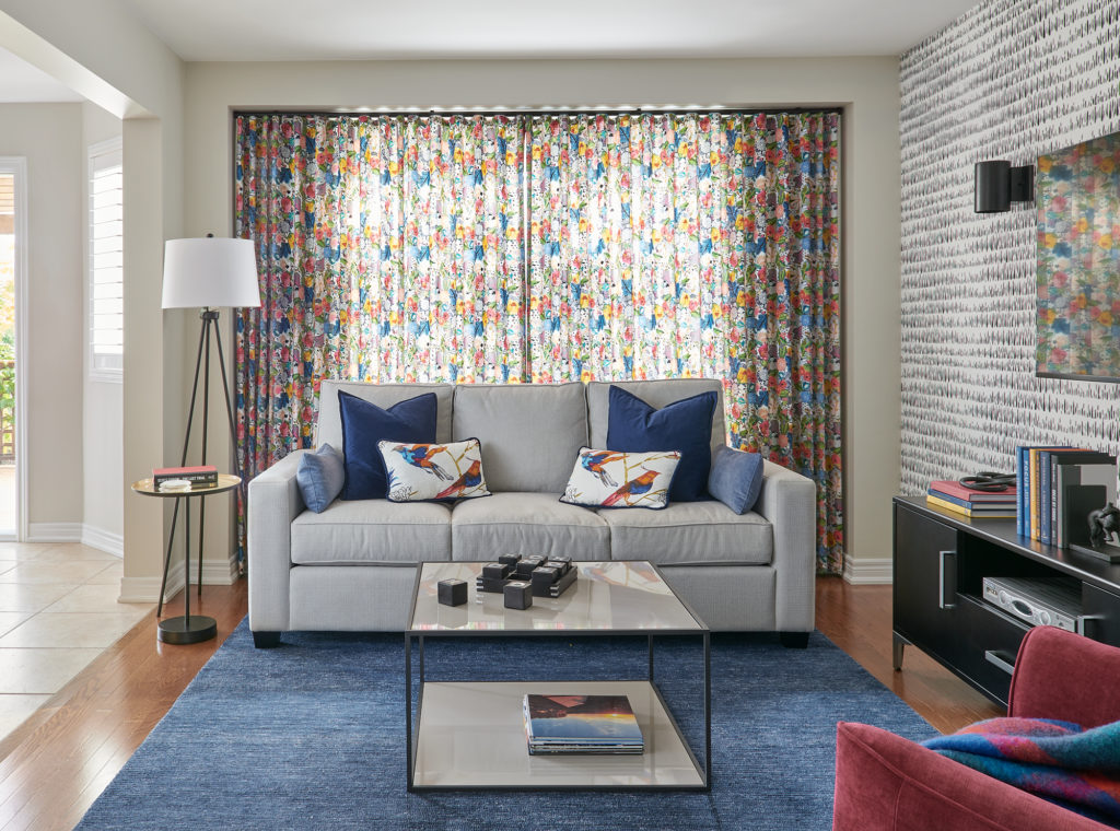Pale Oak Benjamin Moore Living Room Colorful Drapery Blue Rug Beige Sofa 1