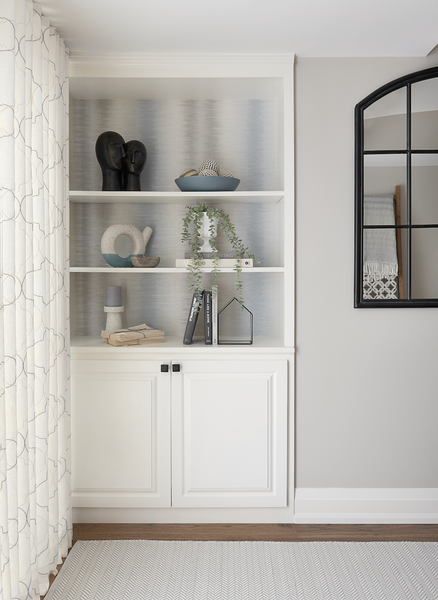 White Cabinetry Open Shelves Wallpaper Bookshelf Styling Benjamin Moore Collingwood