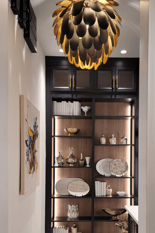 chandelier, black and gold, bold light fixture, statement lighting