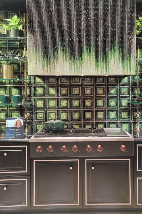 emerald green kitchen, ombre tile stove hood