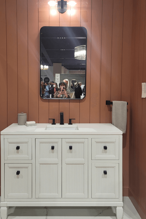 Terracotta, shiplap, vertical shiplap, cream vanity, black taps, 