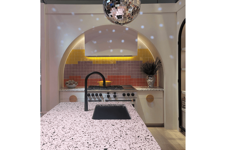 disco ball, curved arch, archway, monogram, kitchen design