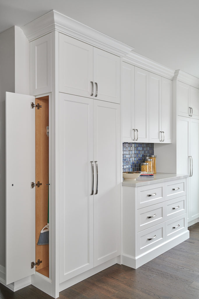 Hidden Storage Brooms White Kitchen Pantry Shaker Doors Dark Hardwood