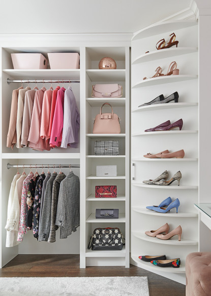 white-custom-closet-design-clothes-organization-spinnig-shoe-rack-chantilly-lace-benjamin-moore