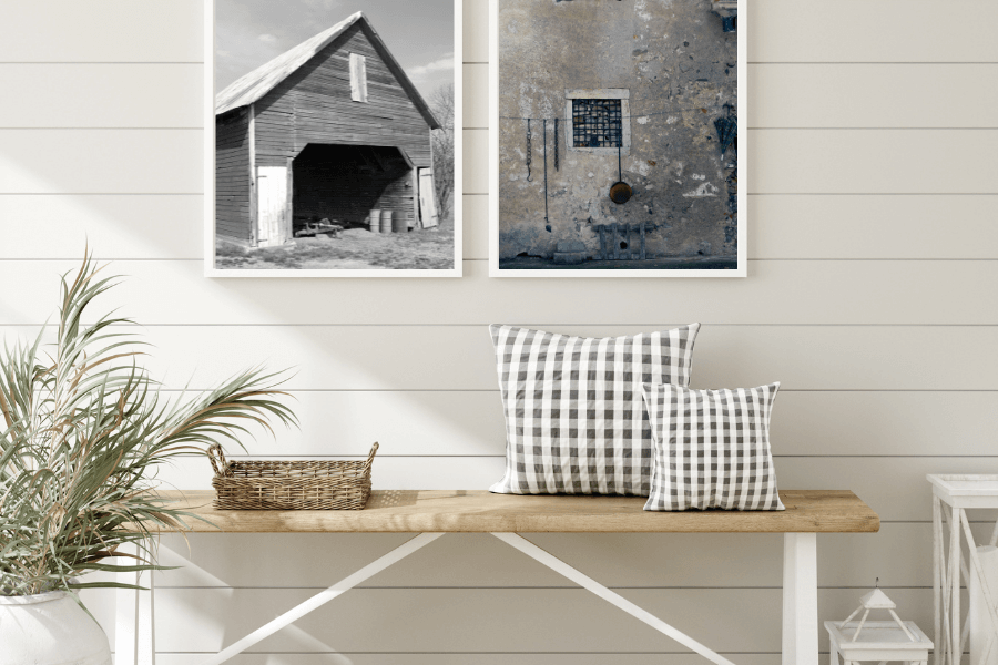 shiplap, plaid pillows, farmhouse design style