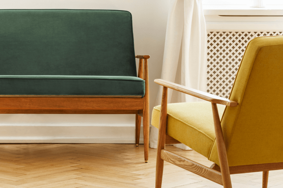 velvet, green velvet, yellow velvet, mid century love seat, mcm chair