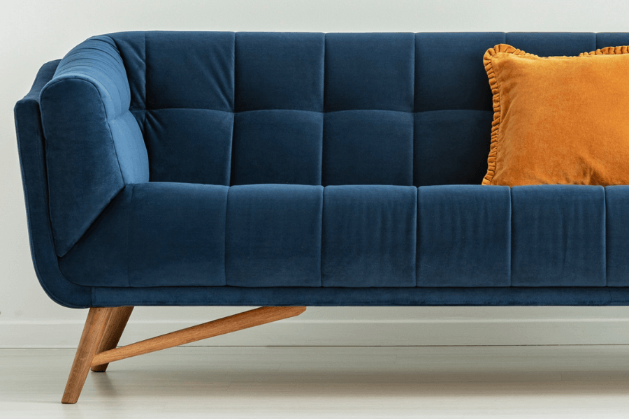 NEW Blue Velour MCM Style Dowel Leg Couch — Reinvent Modern