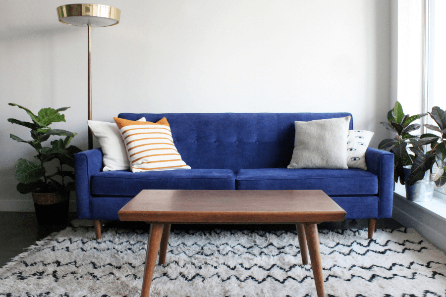 blue velvet sofa, tuften sofa, mcm coffee table