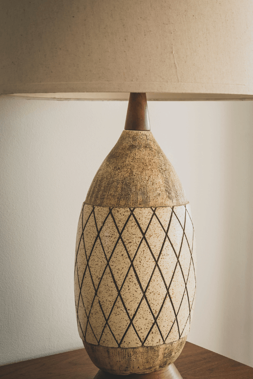 geometric lamp, ceramic lamp, diamond pattern, mid century modern lamp