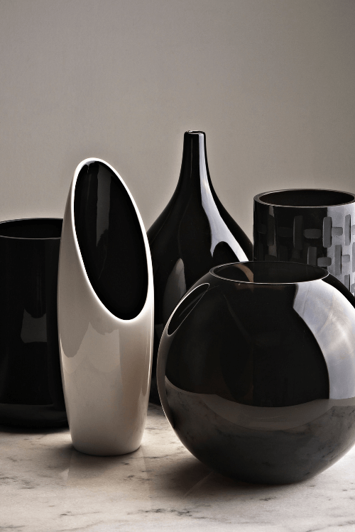 black and white vase, mcm, glass vase, ceramic vase, organic shaped vase