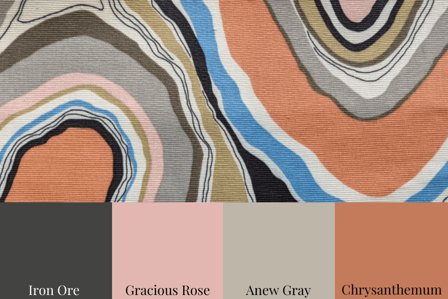 bright fabric, organic shapes fabric, iron ore, gracious rose, anew gray, chrysanthemum,