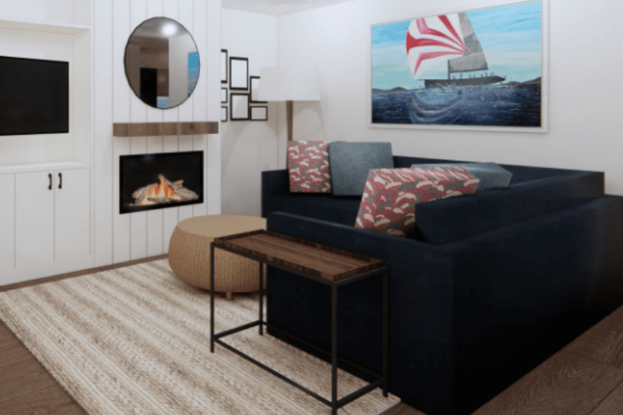Coastal Design Style Vertical Shiplap Built Ins Wall Art Ship Artwork Cloud White Benjamin Moore Living Room