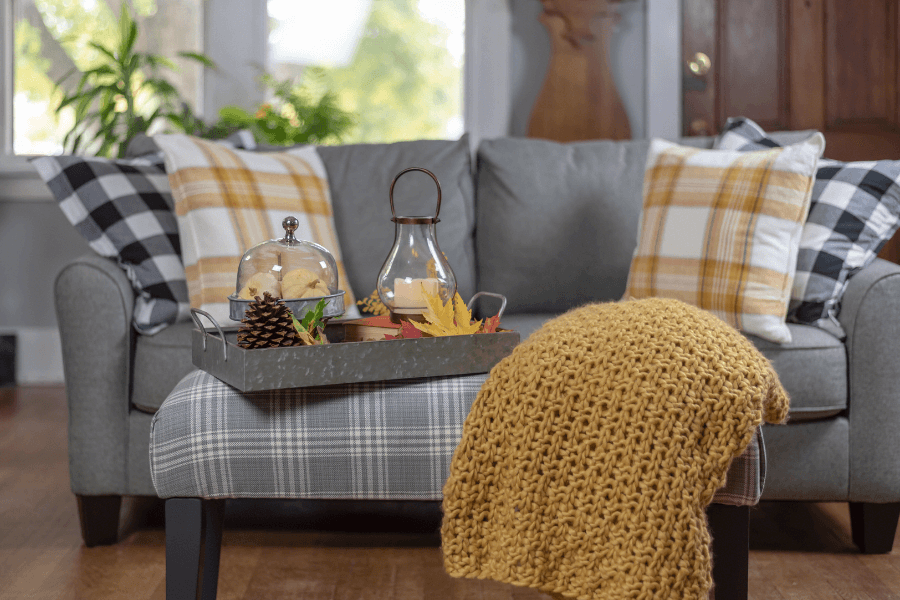 plaid, checked pillows, plaid cushions, mustard throw, plaid ottoman, ottoman, design style - farmhouse