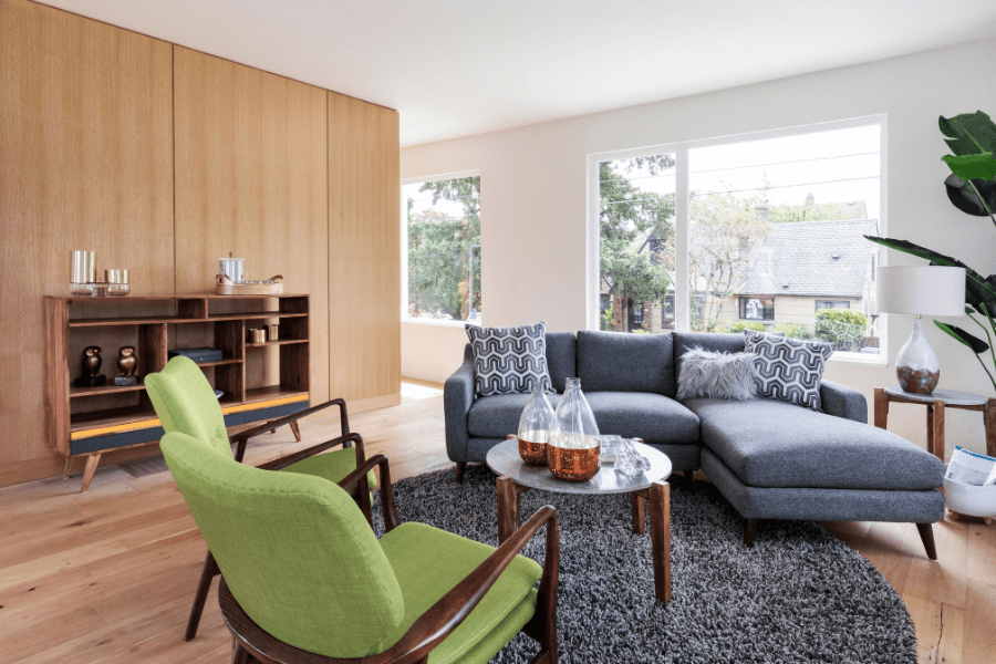Mid Century Modern Living Room, Green Chairs, Teak Sideboard