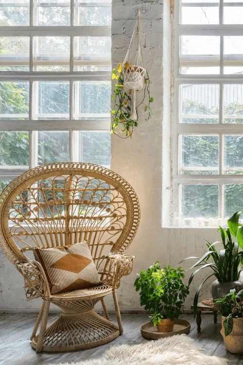 boho design style, macrame planter, peacock chair, pot plants