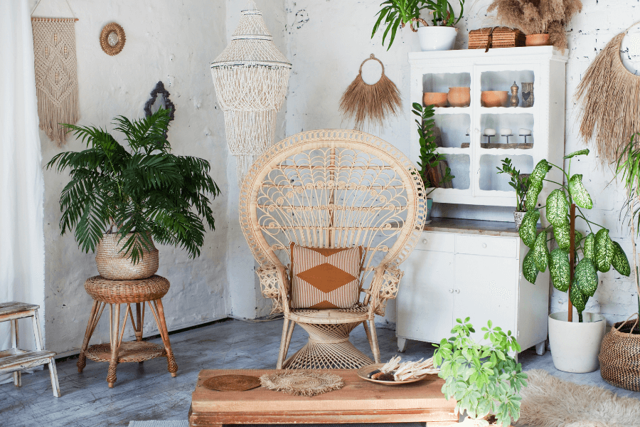 peacock chair, macrame, grass wall art, cane stool, botanical decor