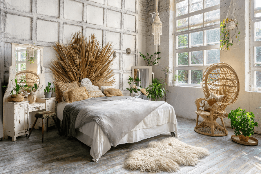 peacock chair, macramé, planter, light, grass headboard, boho design style bedroom