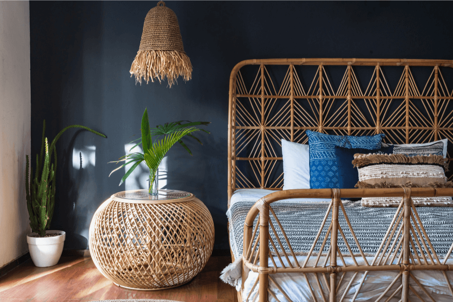 organic side table, round table, cane, wicker, rattan, boho, bohemian style