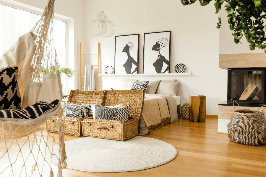 natural bedroom, wicker, basket, wicker, rattan, storage trunks