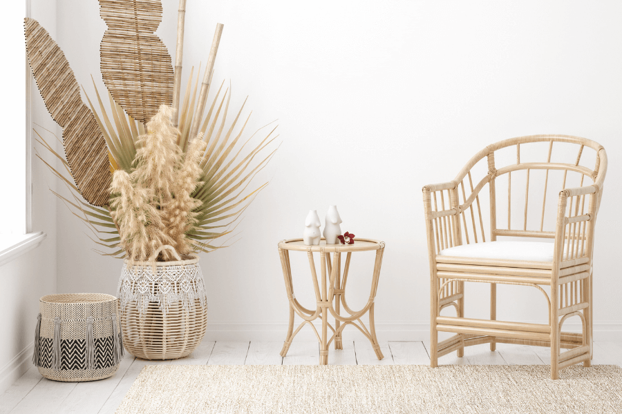 rattan chair, rattan table, wicker baskets, grasses, 