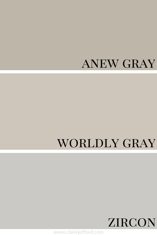 Anew Gray, Worldly Gray, Zircon, paint comparison, colour comparison