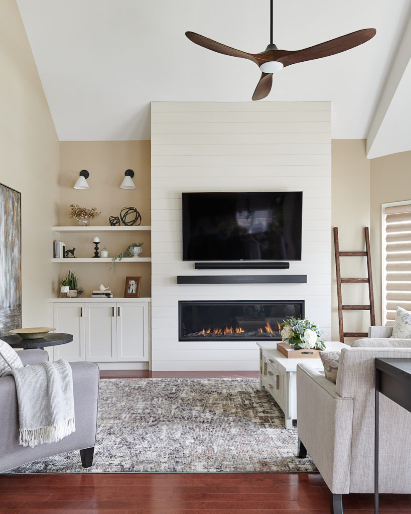 Benjamin Moore White Down Shiplap Fireplace Floating Mantle Angled Ceilings