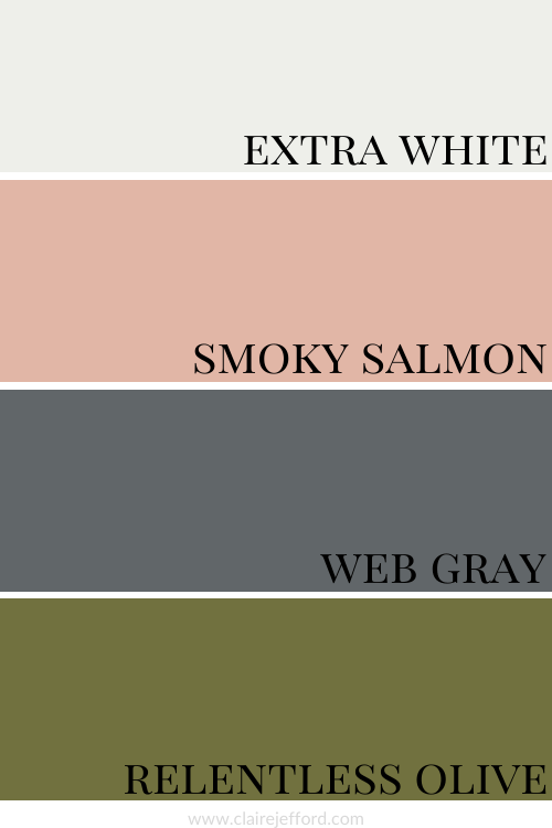 Extra White, Smoky Salmon, Web Gray And Relentless Olive