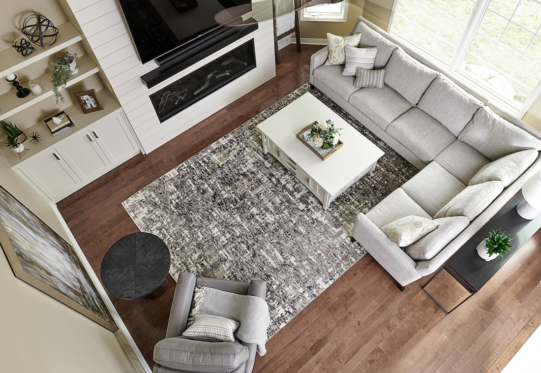 Great Room Linear Gas Fireplace Gray Sectional Light Hardwood Floors