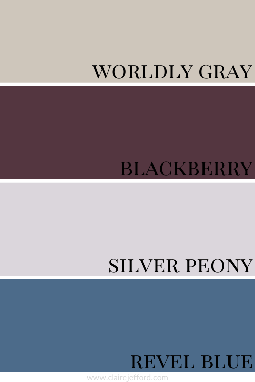 Worldly Gray, Blackberry, Silver Peony, Revel Blue