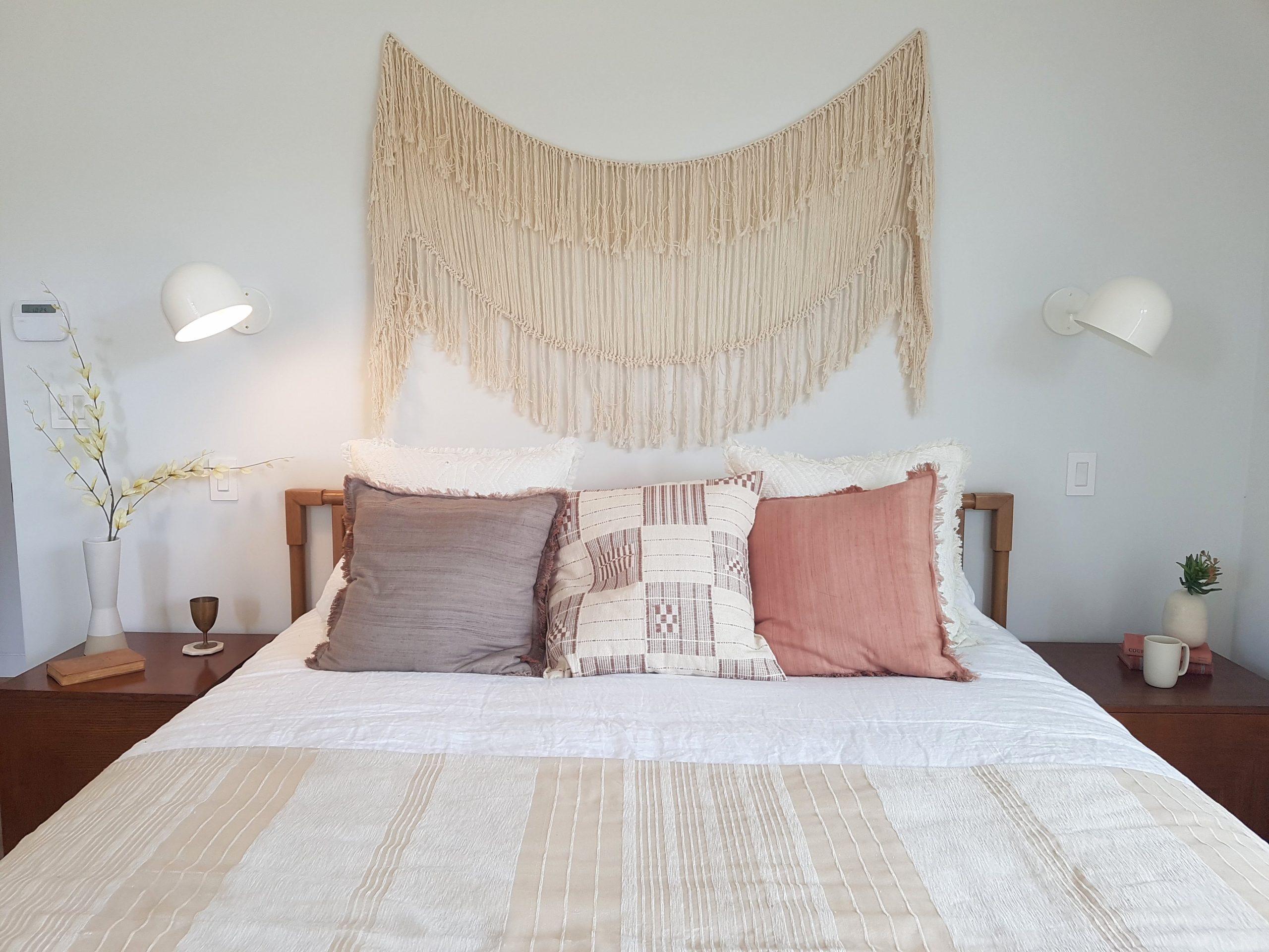 Macrame Wall Hanging, White Walls, Blush Accents