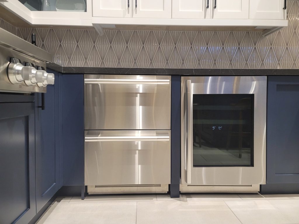 Undercounter Convertible Refrigerator Freezer Drawers, Gray Countertop, Funky Kitchen Backsplash