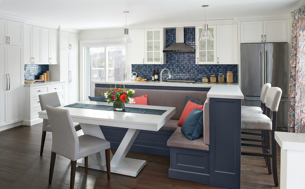 White Kitchen Cabinets Hale Navy Banquette Stainless Steel Appliances Blue Backsplash