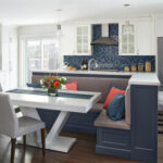 White Kitchen Cabinets Hale Navy Banquette Stainless Steel Appliances Blue Backsplash