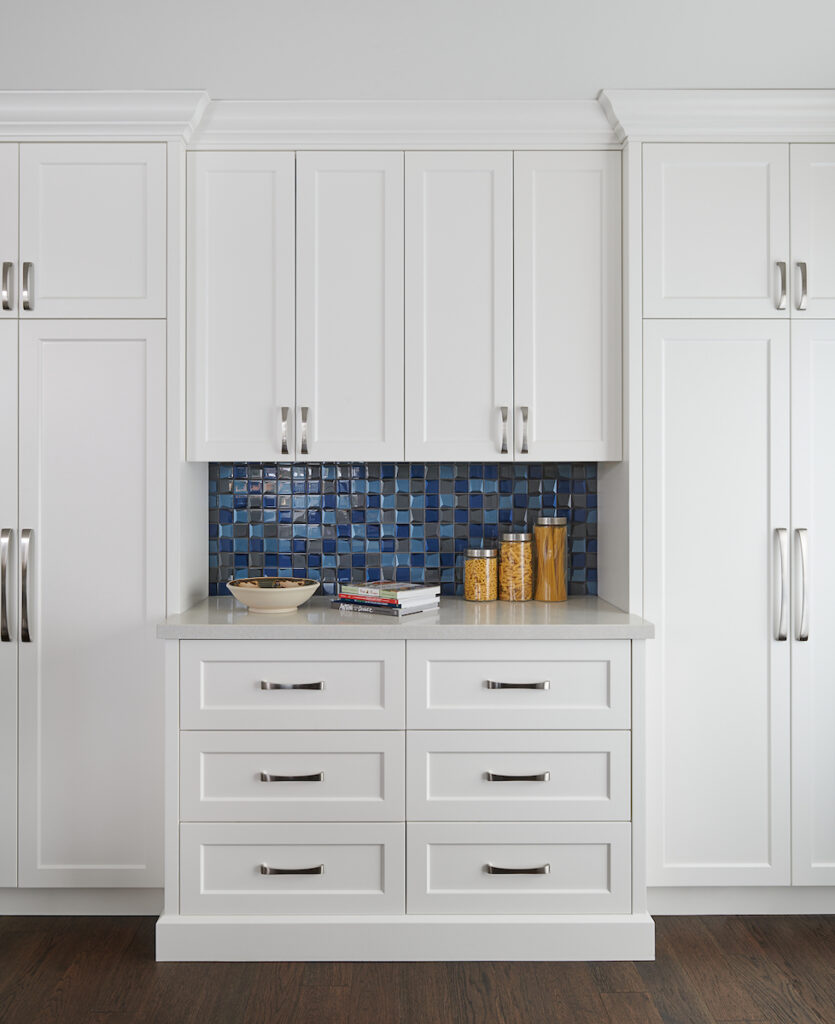 White Kitchen Cabinets Pantry Tea Storage Organization Blue Backsplash