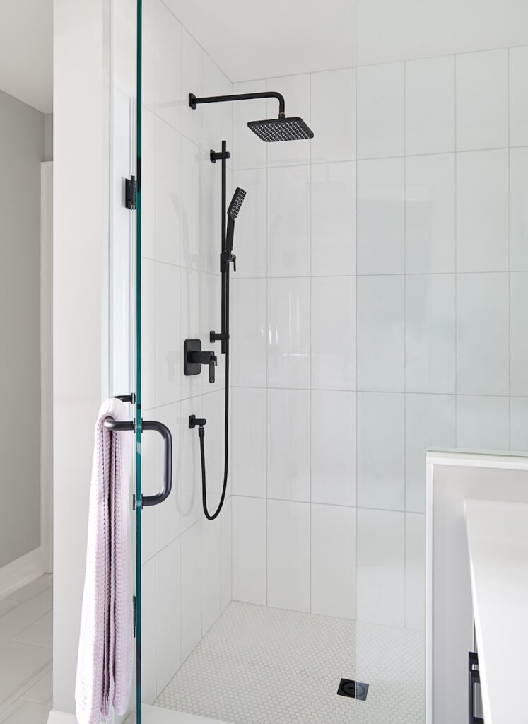 White Shower Tiles Glass Door Black Plumbing Fixtures Rainfall Shower Head