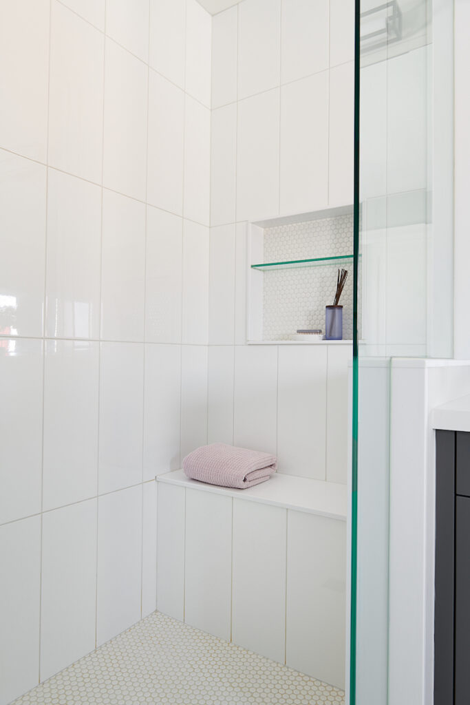 White Tile Glass Shower Door Shower Niche Penny Round Tile Bathroom Bench Seat