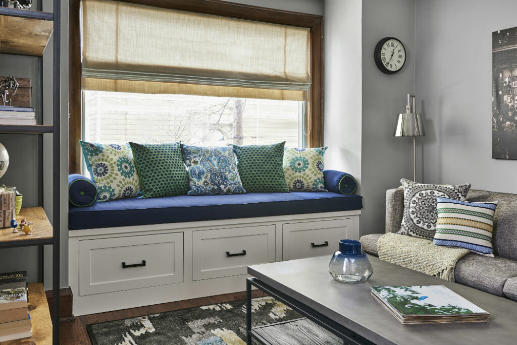 Living Room With Dark Blue Window Seat With Custom Storage And Coffee Table 2