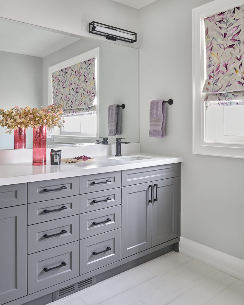 Bathroom Vanity Double Sink Kendall Charcoal Benjamin Moore Gray Owl Walls White Quartz Counter