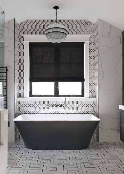 black-and-white-tile-hexagon-floor-tile-black-tub-heated-flooring-chandelier-over-black-tub