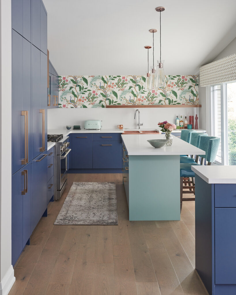 Blue Kitchen Benjamin Moore Stratton Blue Island White Countertops White Backsplash Pendants Over Island